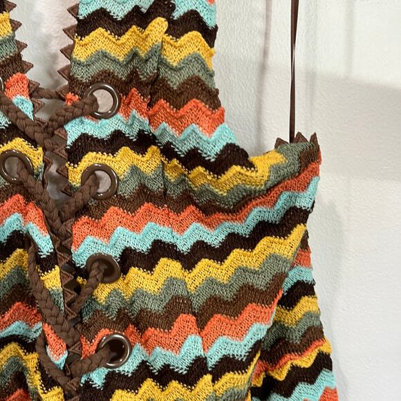 FashionNova Kaui Crochet Halter Romper Multicolor Knit Festival Boho Summer Sz M - Picture 10 of 10